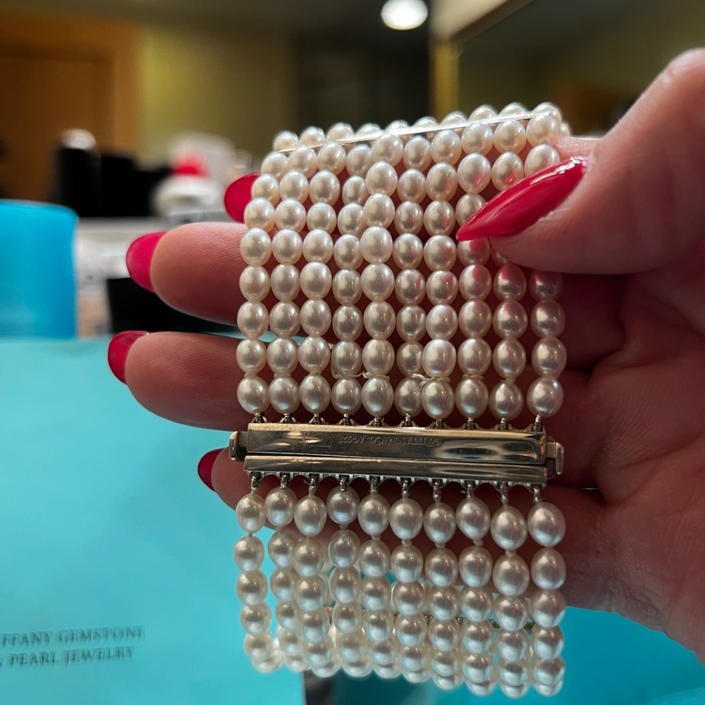 Authentic Tiffany & Co Ziegfeld Pearl Bracelet 10-Row 925 Silver💕❤️💕